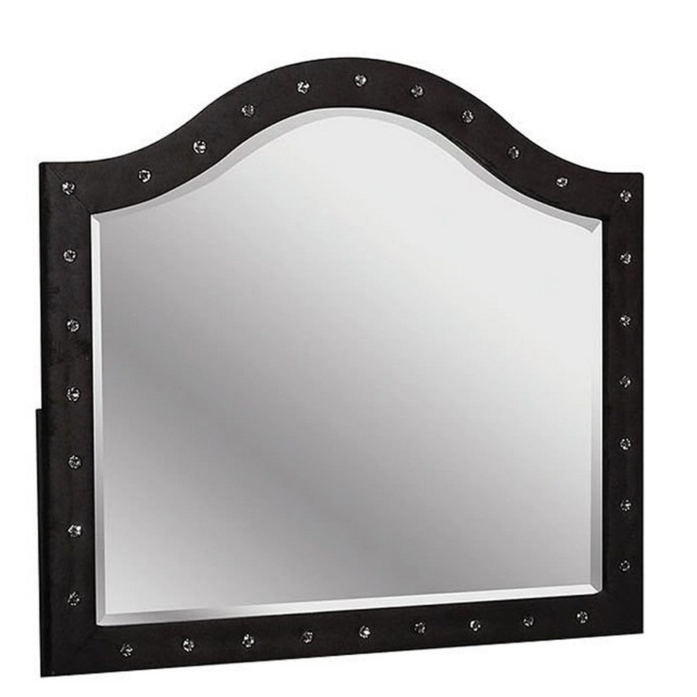 Rea Dresser Vanity Mirror | Crystal Tufted Black Velvet Upholstered Arched Frame BM340973