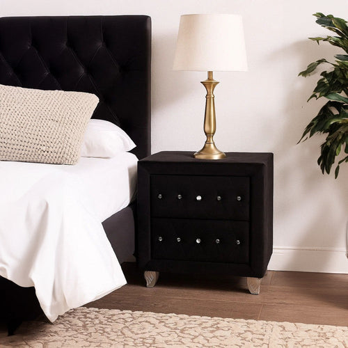 Rea Nightstand | 2 Drawers w Crystal Knobs | Black Velvet Upholstery