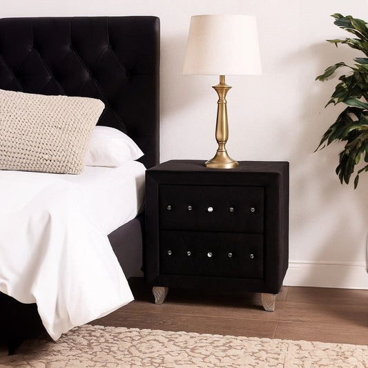 Rea Nightstand | 2 Drawers w Crystal Knobs | Black Velvet Upholstery