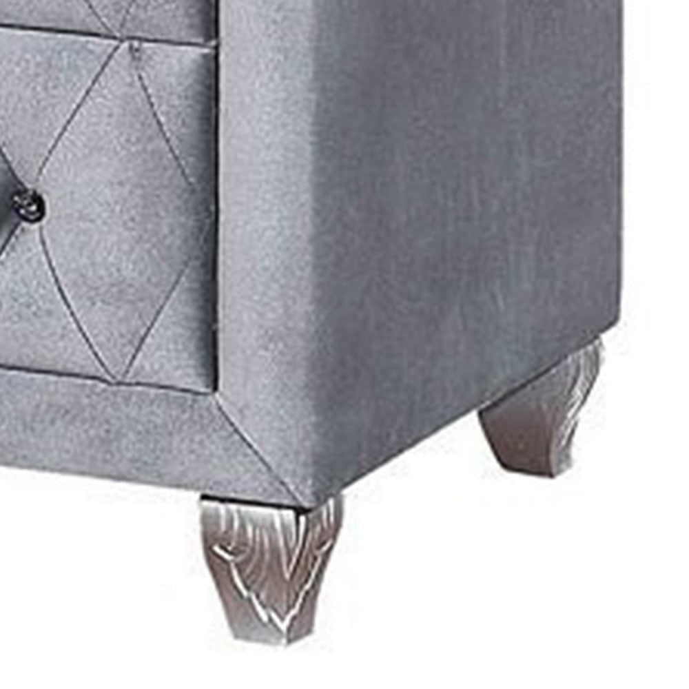 Rea Tall Dresser Chest | 5 Drawers w Crystal Knobs | Gray Velvet Upholstery BM340975