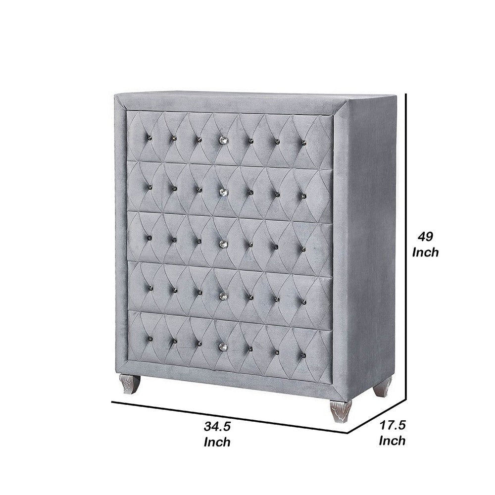 Rea Tall Dresser Chest | 5 Drawers w Crystal Knobs | Gray Velvet Upholstery BM340975