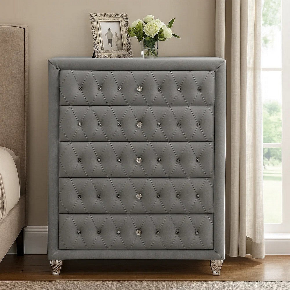 Rea Tall Dresser Chest | 5 Drawers w Crystal Knobs | Gray Velvet Upholstery BM340975