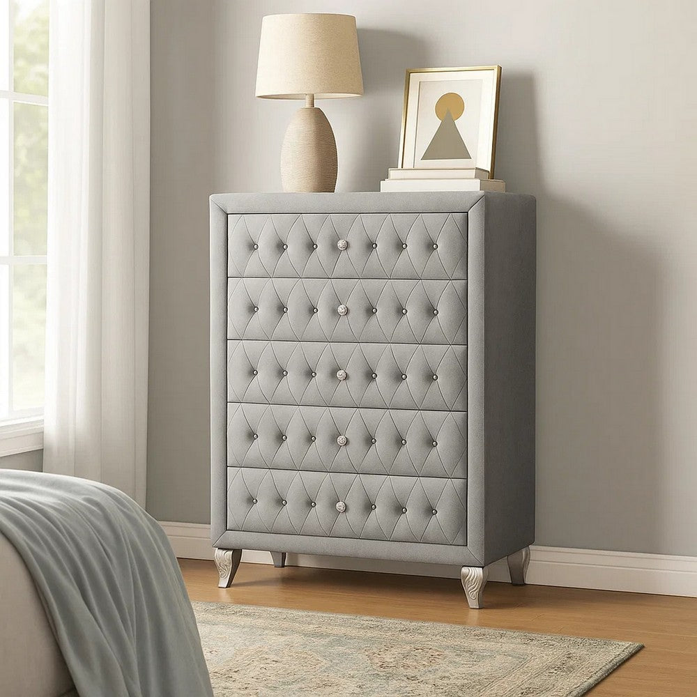 Rea Tall Dresser Chest | 5 Drawers w Crystal Knobs | Gray Velvet Upholstery