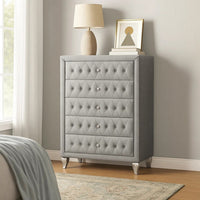 Rea Tall Dresser Chest | 5 Drawers w Crystal Knobs | Gray Velvet Upholstery