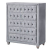 Rea Tall Dresser Chest | 5 Drawers w Crystal Knobs | Gray Velvet Upholstery BM340975