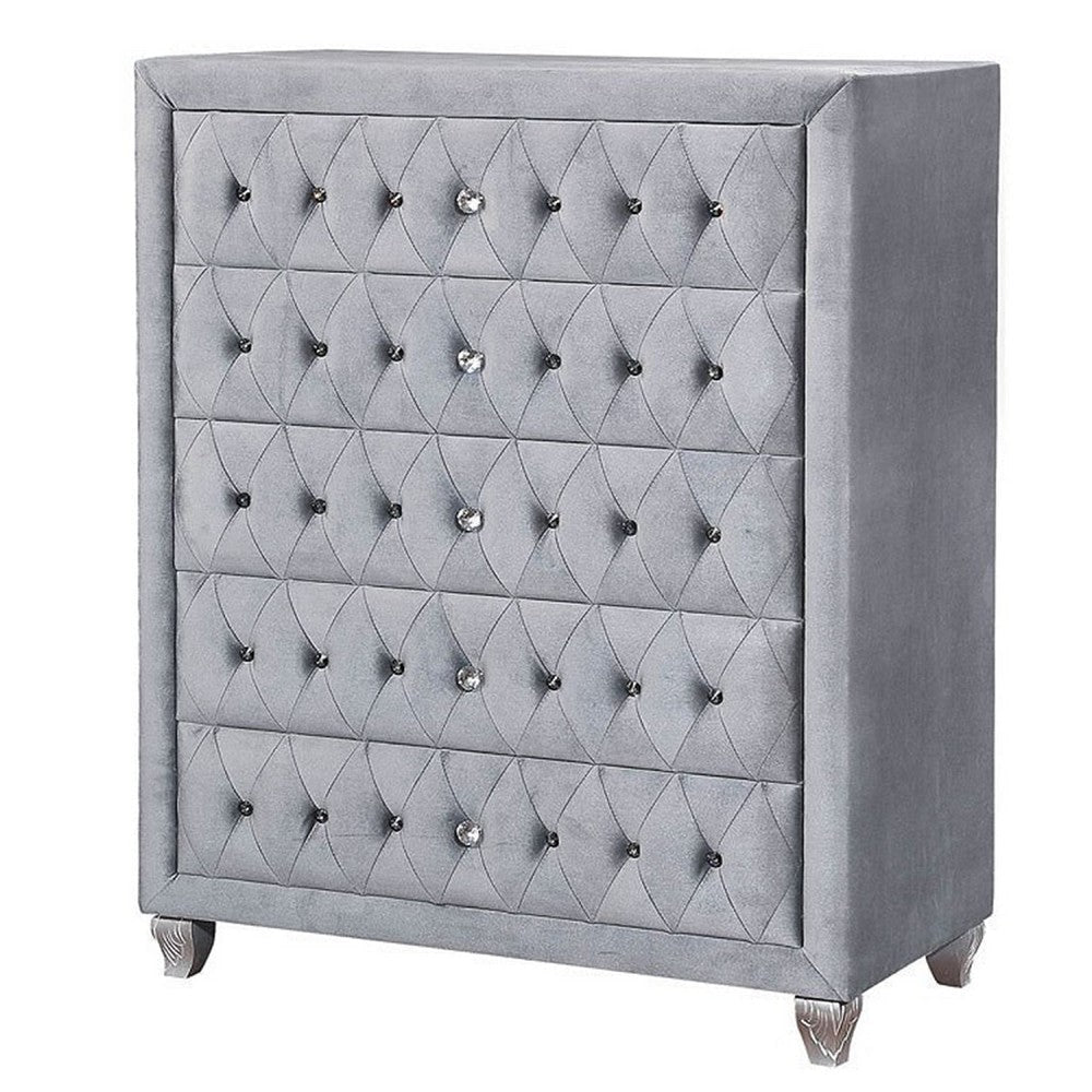 Rea Tall Dresser Chest | 5 Drawers w Crystal Knobs | Gray Velvet Upholstery BM340975