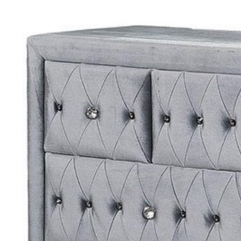 Rea Wide Dresser | 7 Drawers w Crystal Knobs | Gray Velvet Upholstery BM340976