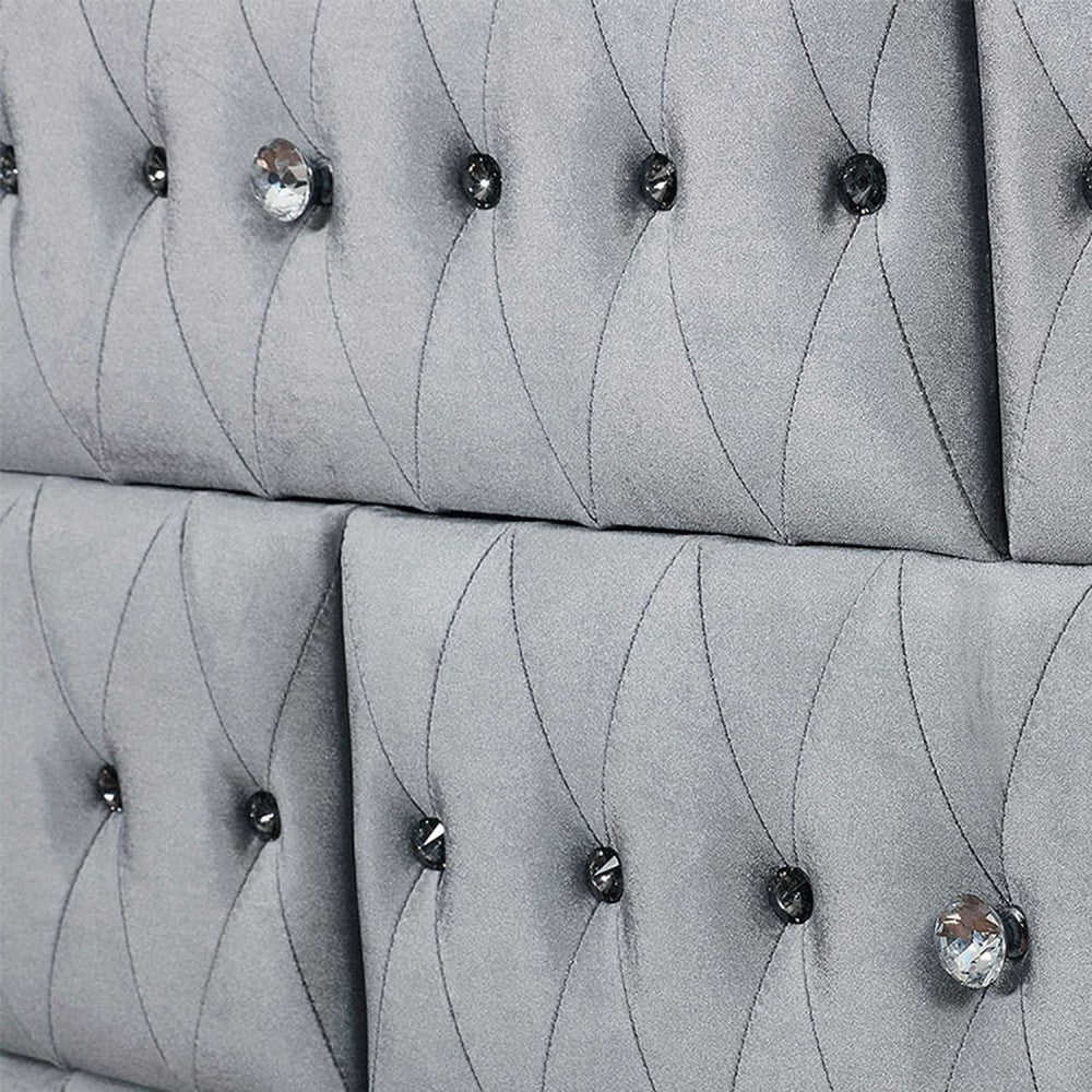 Rea Wide Dresser | 7 Drawers w Crystal Knobs | Gray Velvet Upholstery BM340976