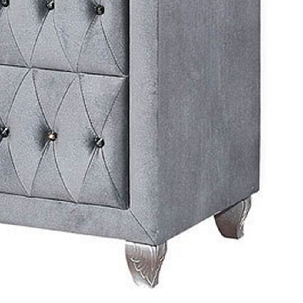 Rea Wide Dresser | 7 Drawers w Crystal Knobs | Gray Velvet Upholstery BM340976