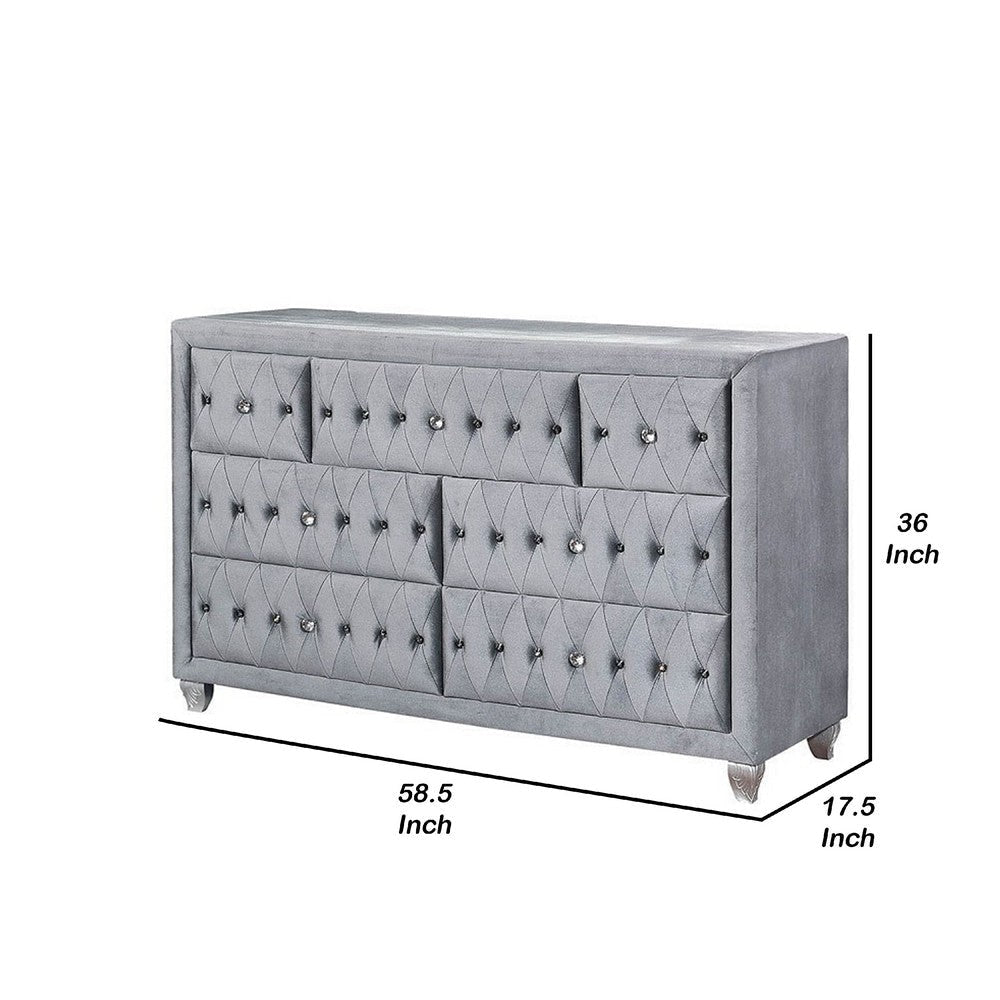 Rea Wide Dresser | 7 Drawers w Crystal Knobs | Gray Velvet Upholstery BM340976