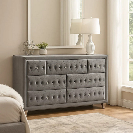 Rea Wide Dresser | 7 Drawers w Crystal Knobs | Gray Velvet Upholstery