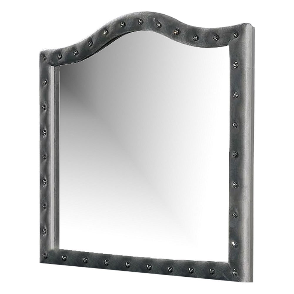 Rea Dresser Vanity Mirror | Crystal Tufted Gray Velvet Upholstery Arched Frame BM340977