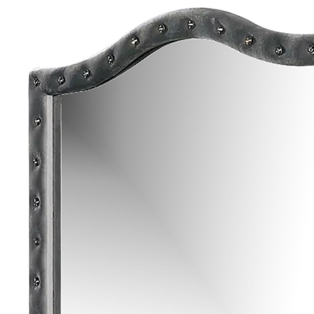 Rea Dresser Vanity Mirror | Crystal Tufted Gray Velvet Upholstery Arched Frame BM340977
