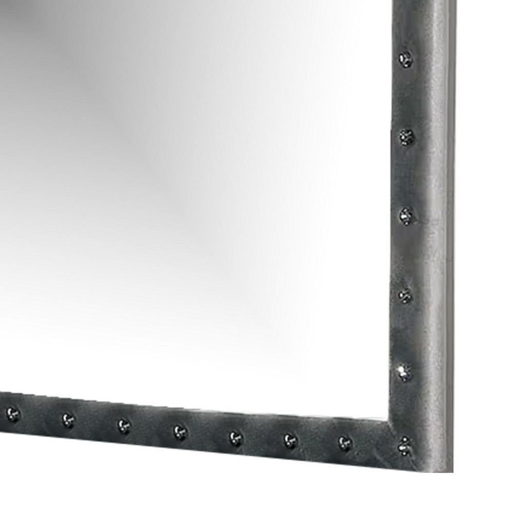 Rea Dresser Vanity Mirror | Crystal Tufted Gray Velvet Upholstery Arched Frame BM340977