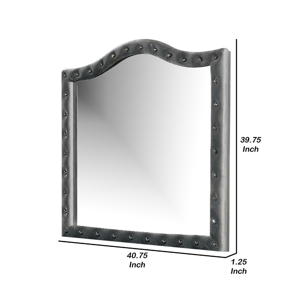 Rea Dresser Vanity Mirror | Crystal Tufted Gray Velvet Upholstery Arched Frame BM340977