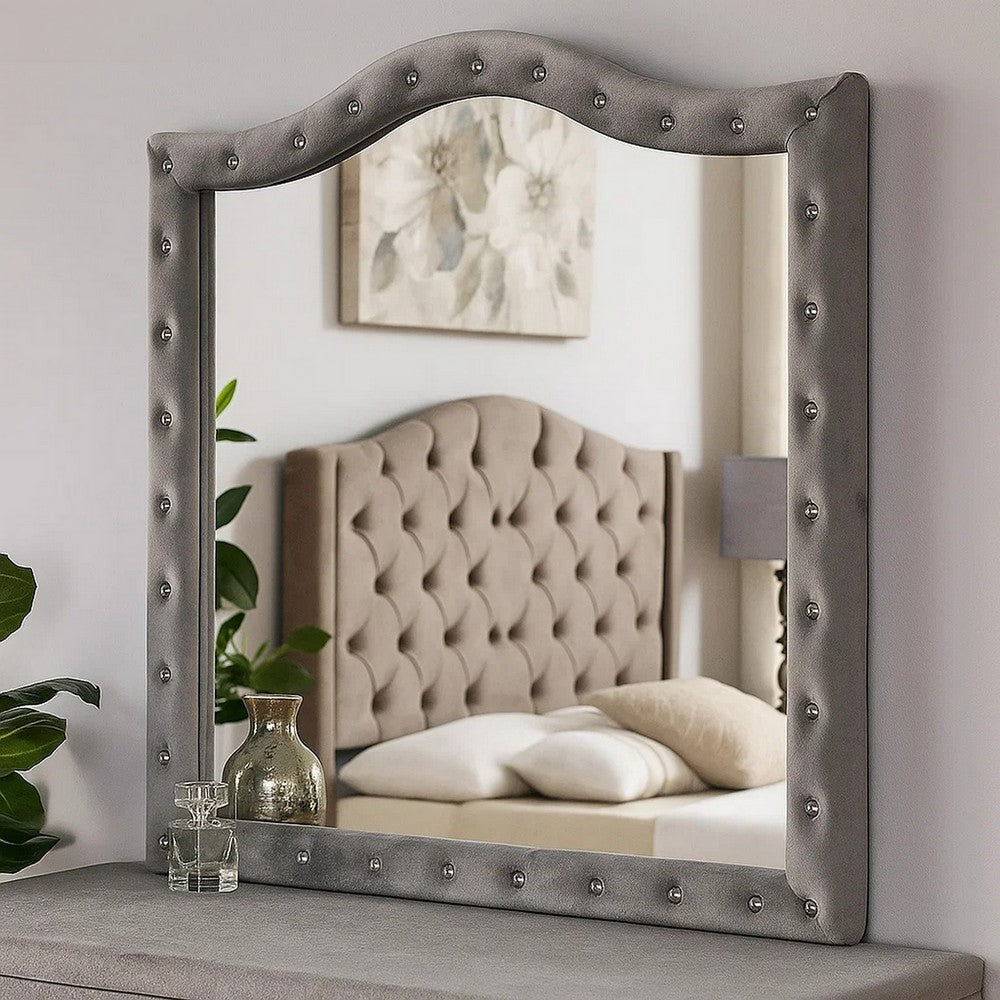 Rea Dresser Vanity Mirror | Crystal Tufted Gray Velvet Upholstery Arched Frame BM340977