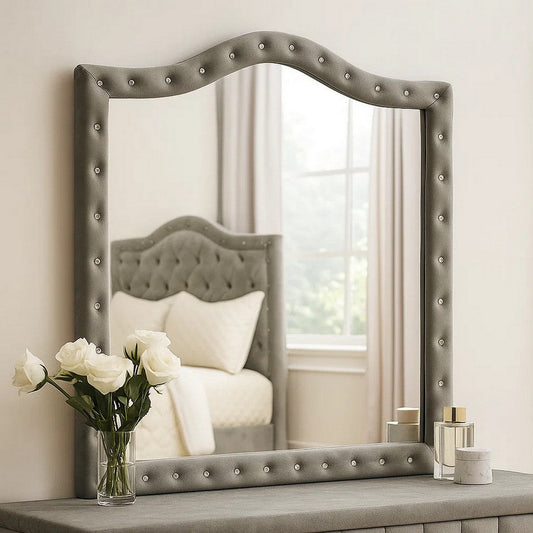 Rea Dresser Vanity Mirror | Crystal Tufted Gray Velvet Upholstery Arched Frame BM340977