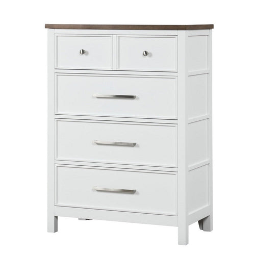 Tela Tall Dresser Chest | 5 Drawers w/ Nickel Handles | White & Brown
