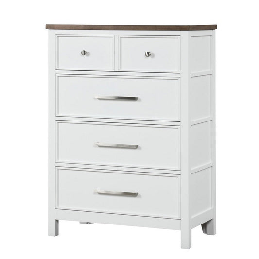 Tela Tall Dresser Chest | 5 Drawers w/ Nickel Handles | White & Brown