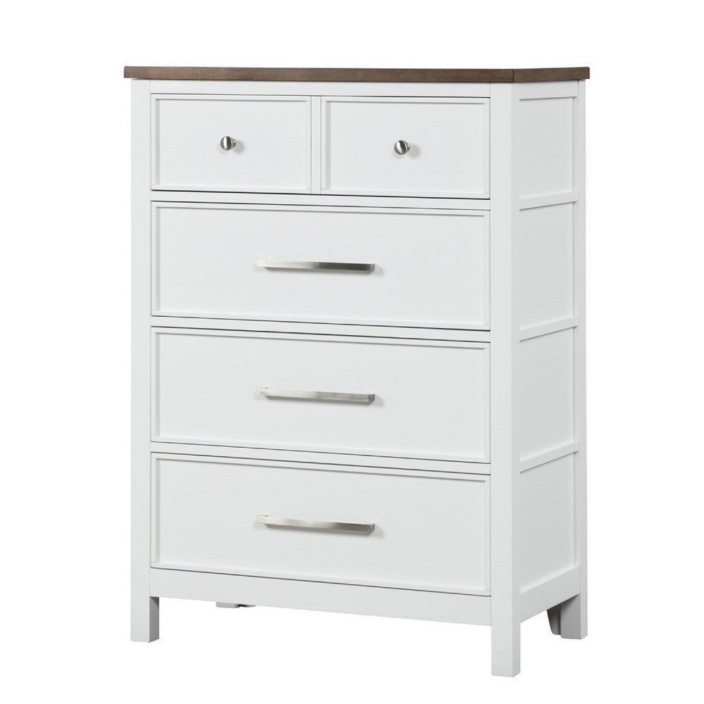 Tela Tall Dresser Chest | 5 Drawers w/ Nickel Handles | White & Brown