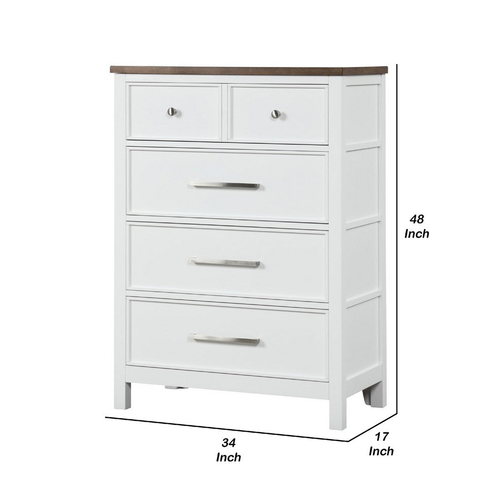 Tela Tall Dresser Chest | 5 Drawers w/ Nickel Handles | White & Brown