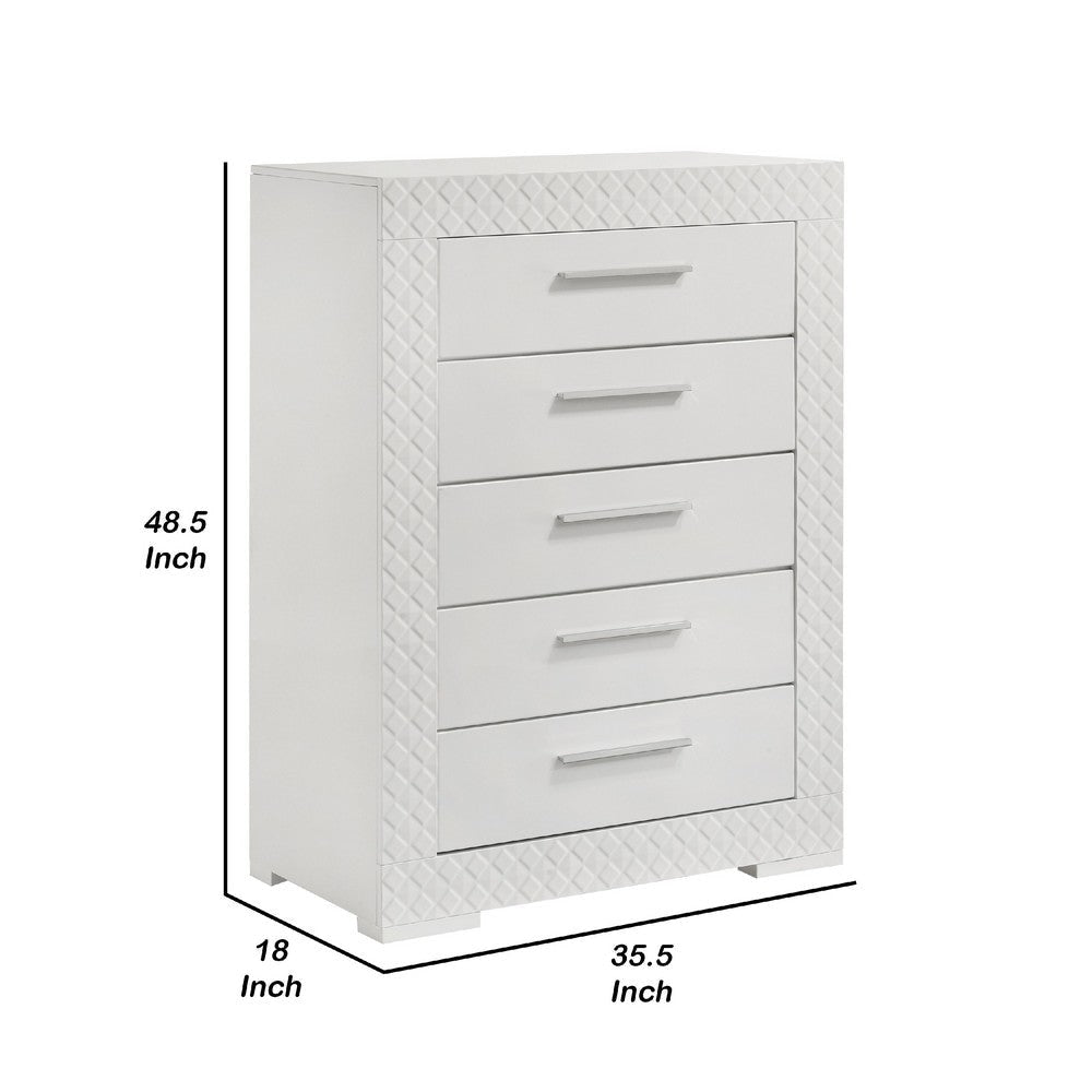 Dema 5 Drawer Tall Dresser Chest | High Gloss White Textured Trim BM340984