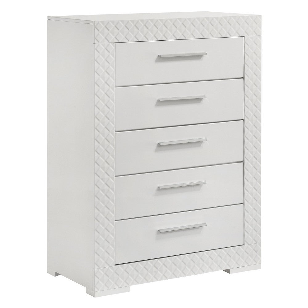 Dema 5 Drawer Tall Dresser Chest | High Gloss White Textured Trim