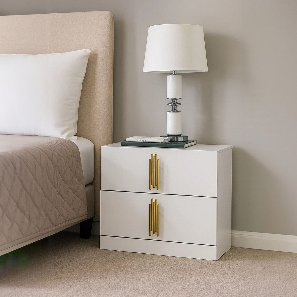 Dyl Nightstand | 2 Drawers w Gold Post Handles | White Melamine