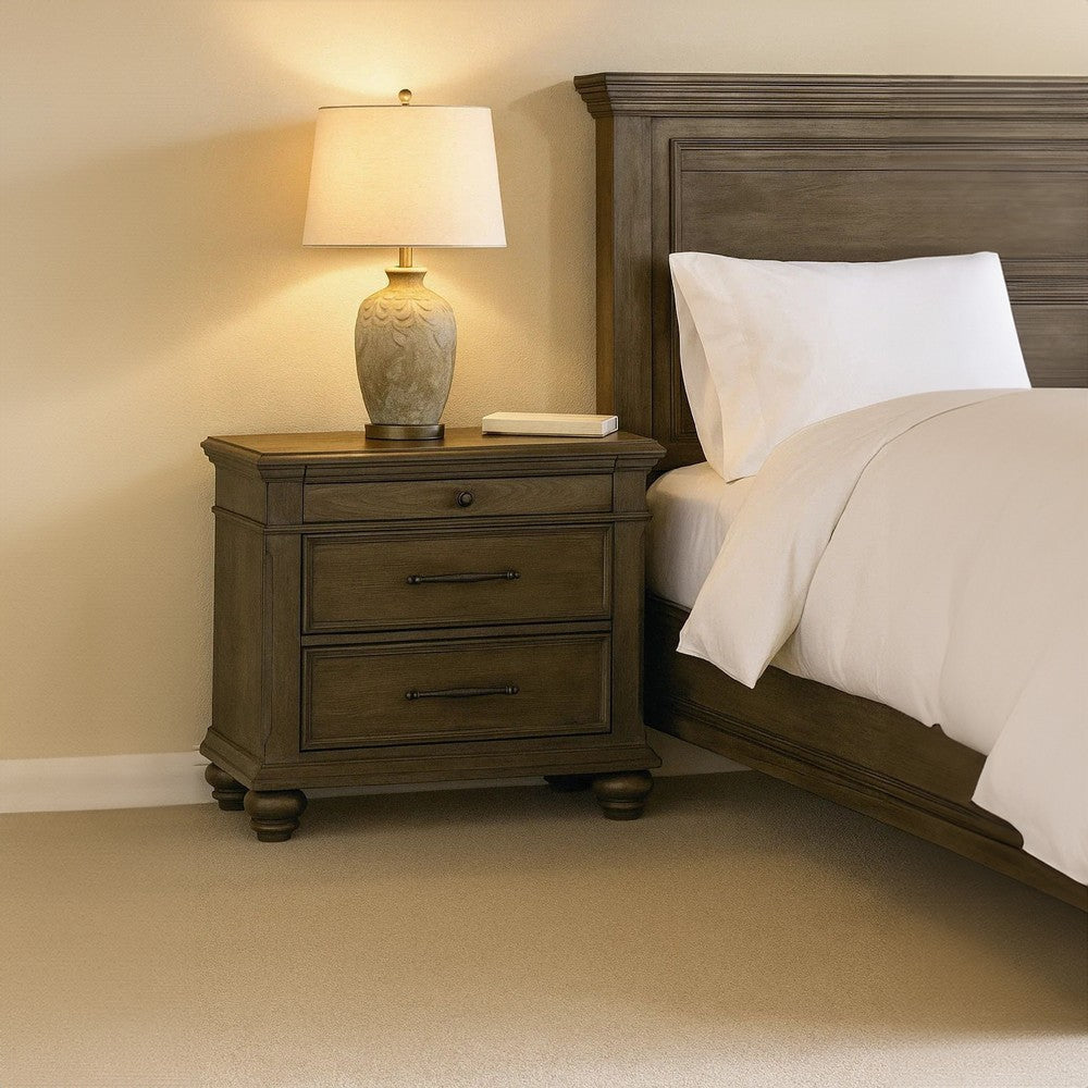 Zea Nightstand for Bedroom | 3 Drawers | Transitional Aged Oak Brown BM340997