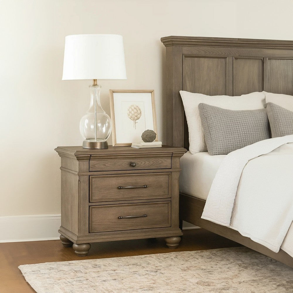 Zea Nightstand for Bedroom | 3 Drawers | Transitional Aged Oak Brown BM340997