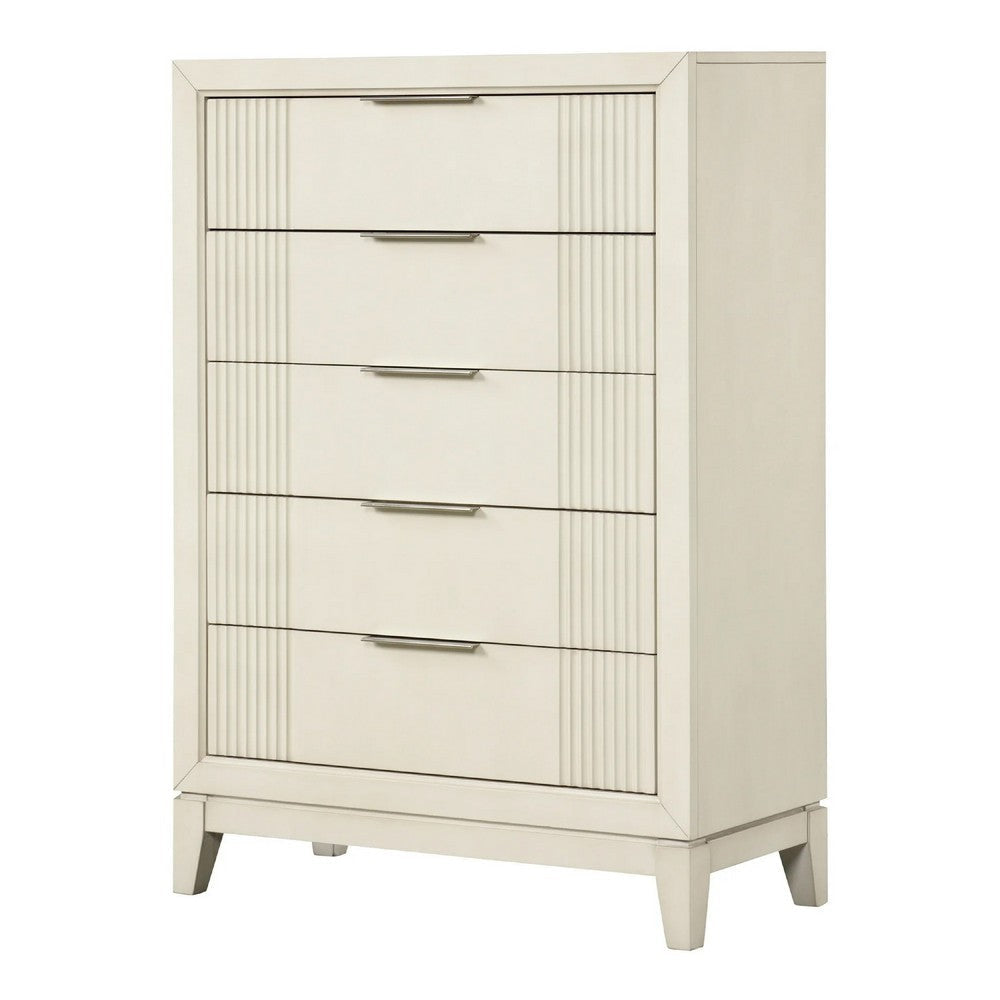 Toi Tall Dresser Chest | 5 Drawers | Chrome Finger Pulls | Antique White