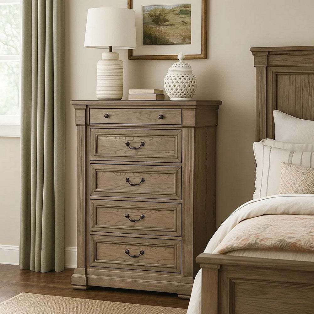 Roi Tall Dresser Chest | 5 Drawers Metal Handles | Weathered Gray