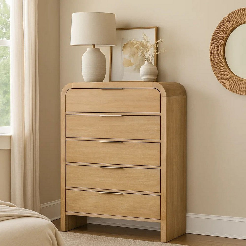 Rexa Tall Dresser Chest | 5 Drawer Finger Pulls | Natural Oak Brown