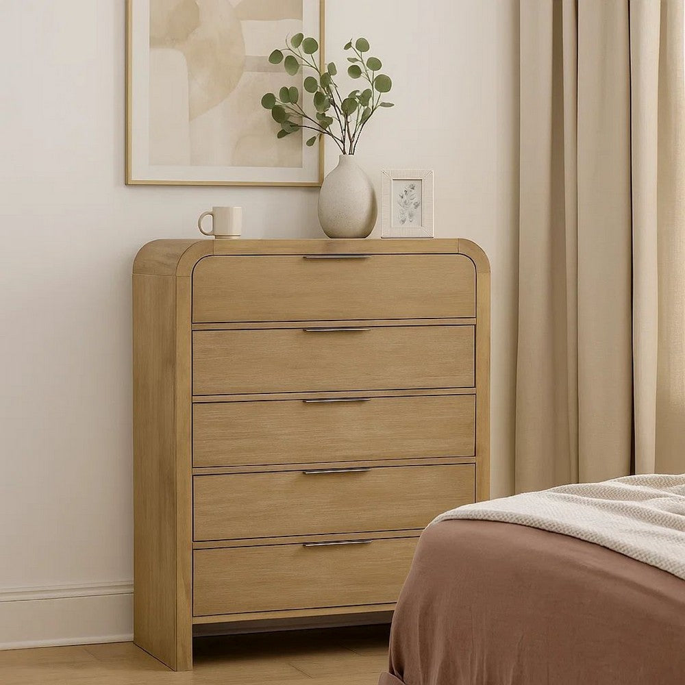 Rexa Tall Dresser Chest | 5 Drawer Finger Pulls | Natural Oak Brown
