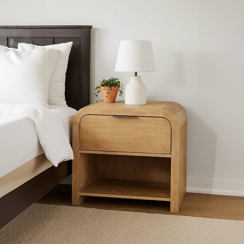 Rexa Nightstand w 1 Drawer | Metal Finger Pulls | Natural Oak Brown BM341003