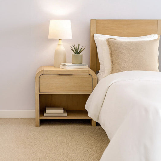 Rexa Nightstand w 1 Drawer | Metal Finger Pulls | Natural Oak Brown