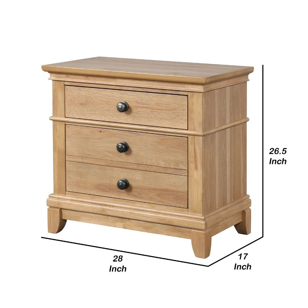 Lexa Nightstand w 3 Drawers | Farmhouse Natural Oak Brown BM341004