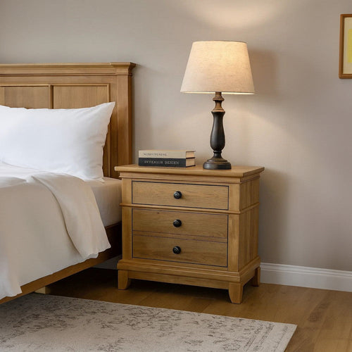 Lexa Nightstand w 3 Drawers | Farmhouse Natural Oak Brown
