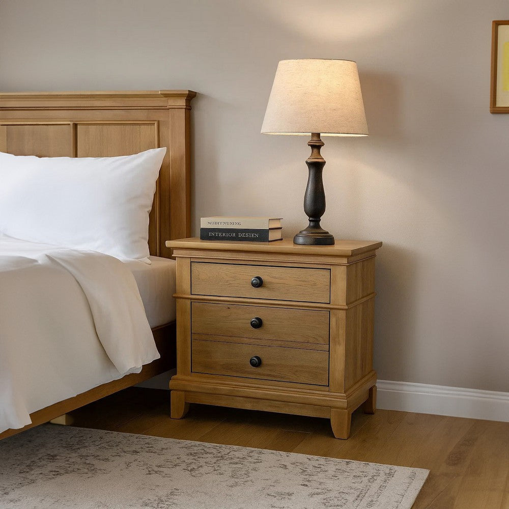 Lexa Nightstand w 3 Drawers | Farmhouse Natural Oak Brown BM341004