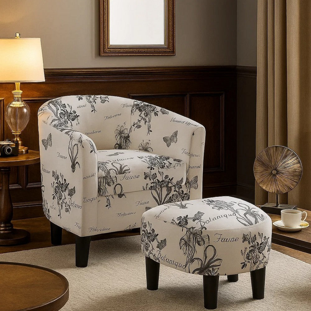 Beua 2pc Accent Chair & Ottoman Set | White & Black Script Print
