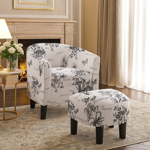 Beua 2pc Accent Chair & Ottoman Set | White & Black Script Print