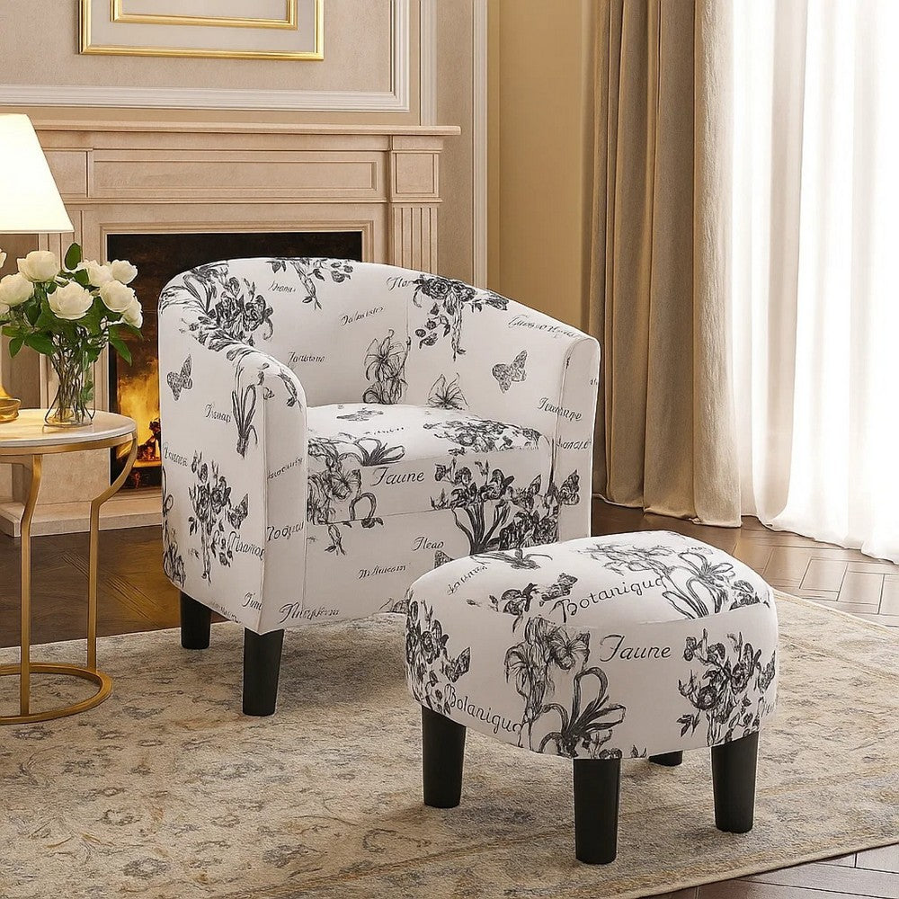 Beua 2pc Accent Chair & Ottoman Set | White & Black Script Print