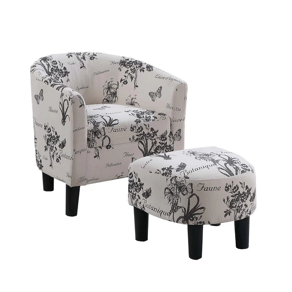 Beua 2pc Accent Chair & Ottoman Set | White & Black Script Print 