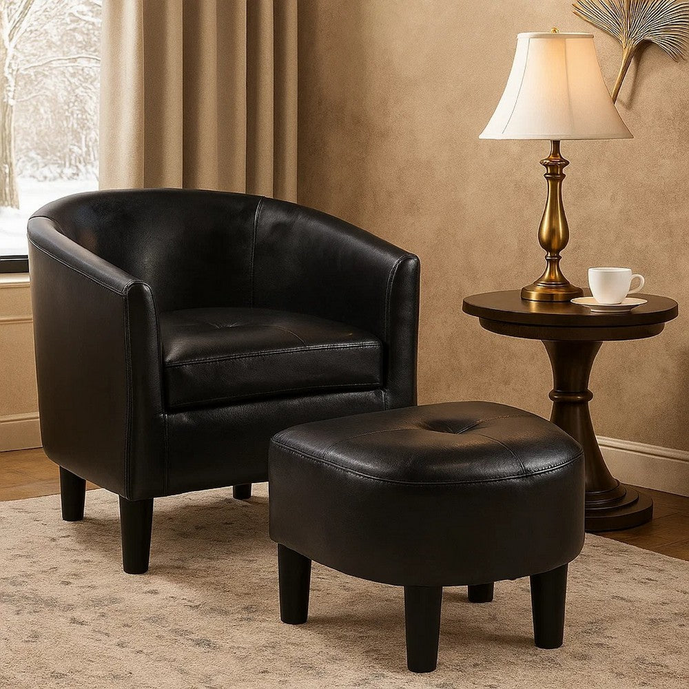 Beua 2pc Accent Chair & Ottoman Set | Black Faux Leather | Foam Cushions
