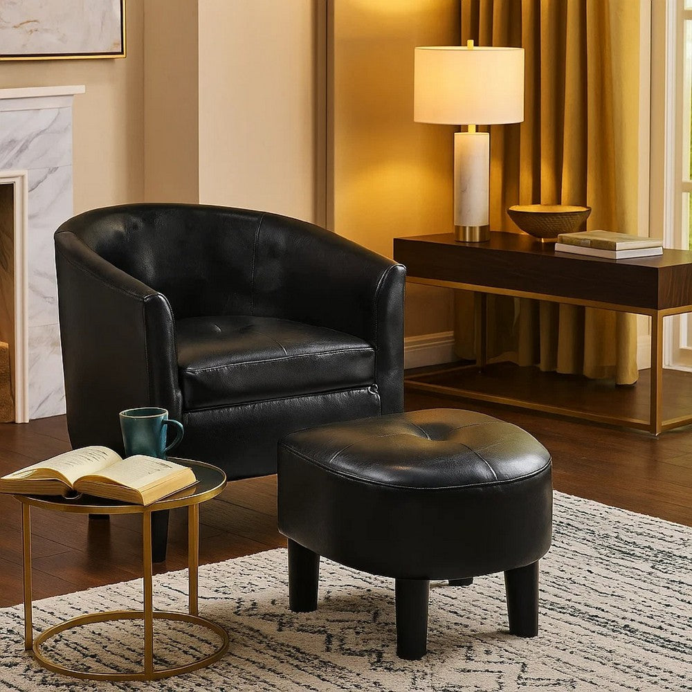 Beua 2pc Accent Chair & Ottoman Set | Black Faux Leather | Foam Cushions