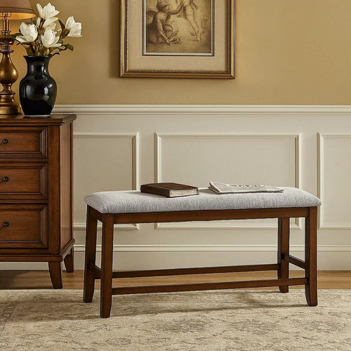 Counter Hight Dining Bench | White Fabric | Walnut Brown Wood | 46" Foam Seat