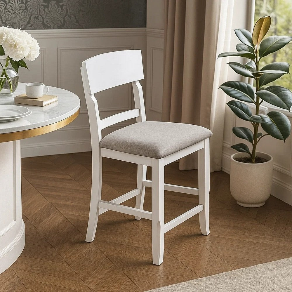 Keyan Counter Height Chair, Set of 2, Foam Gray Fabric Seat, Antique White Wood