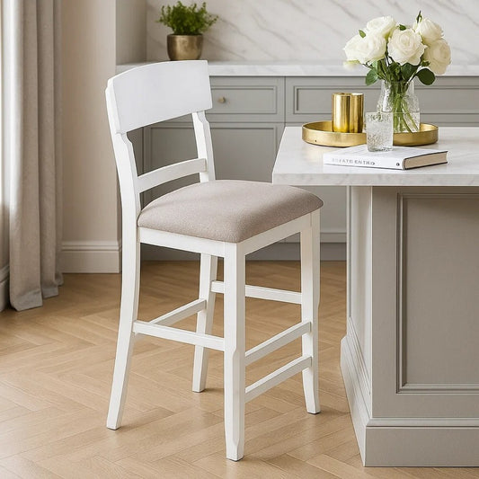 Keyan Counter Height Chair, Set of 2, Foam Gray Fabric Seat, Antique White Wood