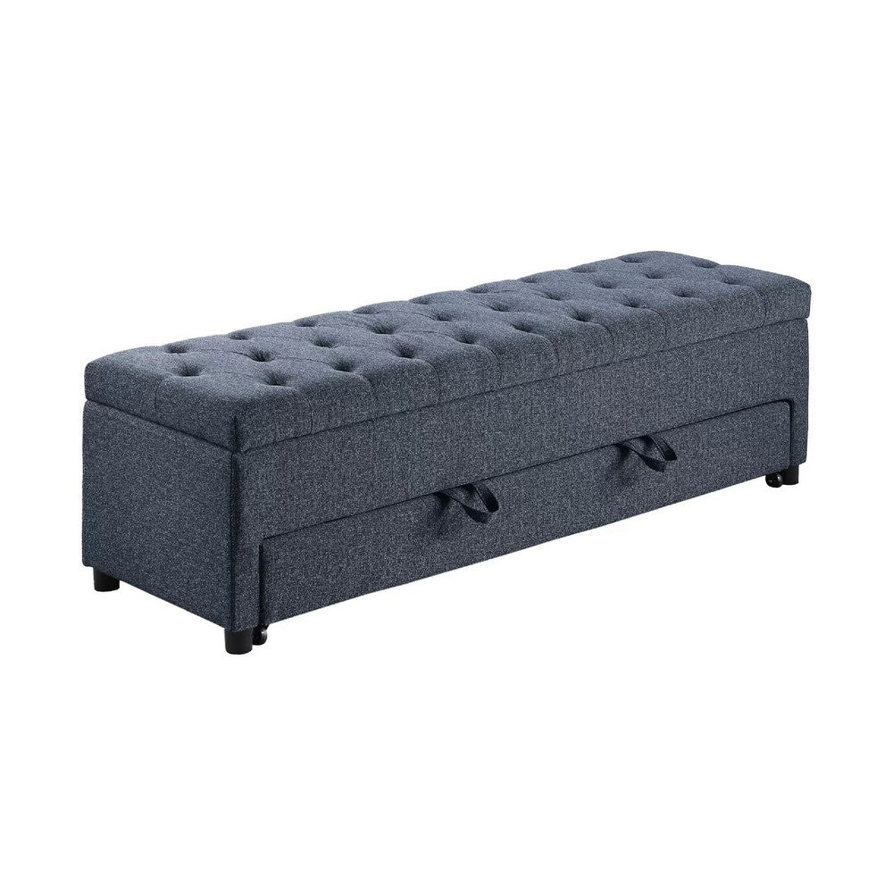 Kenny Ottoman | Underseat Drawer | Blue-Gray Button Tufted Boucle | 60"