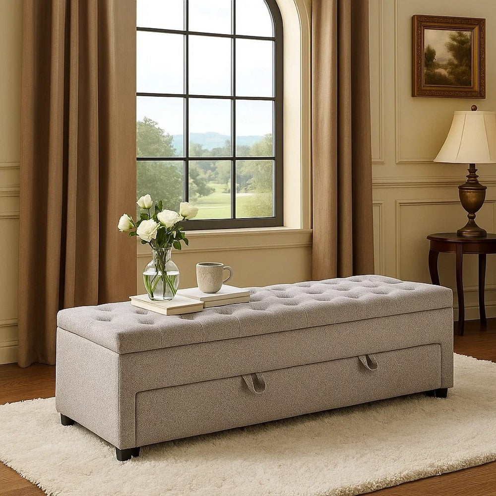 Kenny Ottoman | Underseat Drawer | Beige Button Tufted Boucle | 60"